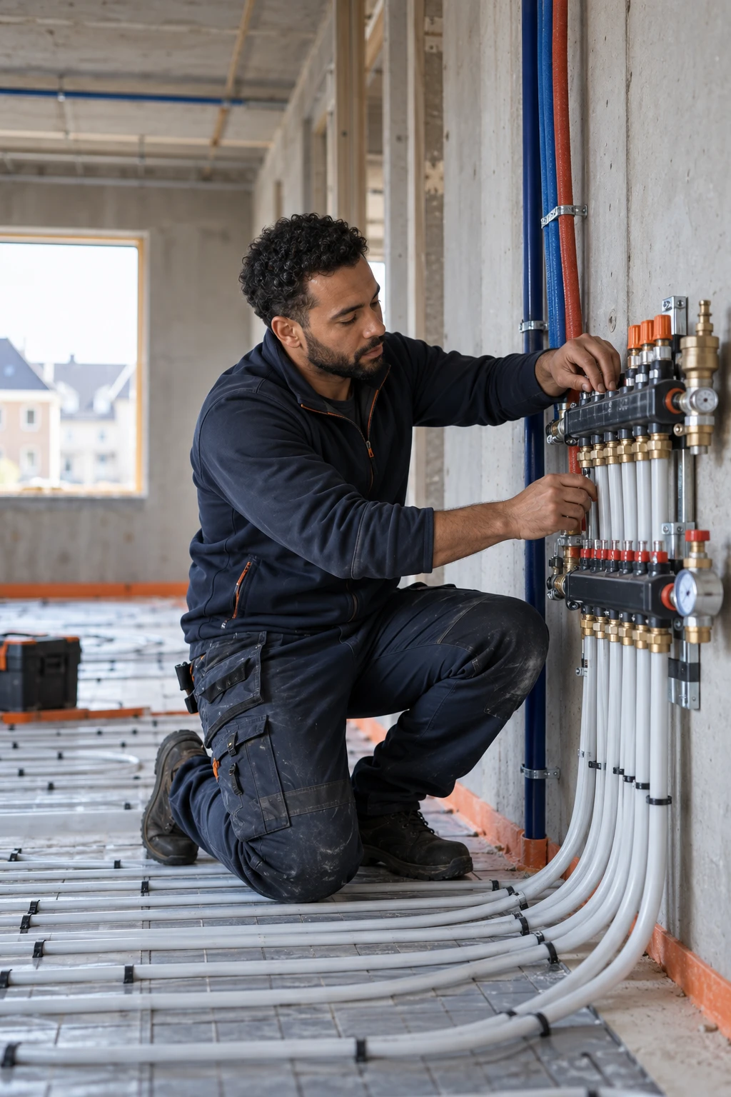 Monteur monteert een vloerverwarmingsverdeler in een nieuwbouwwoning