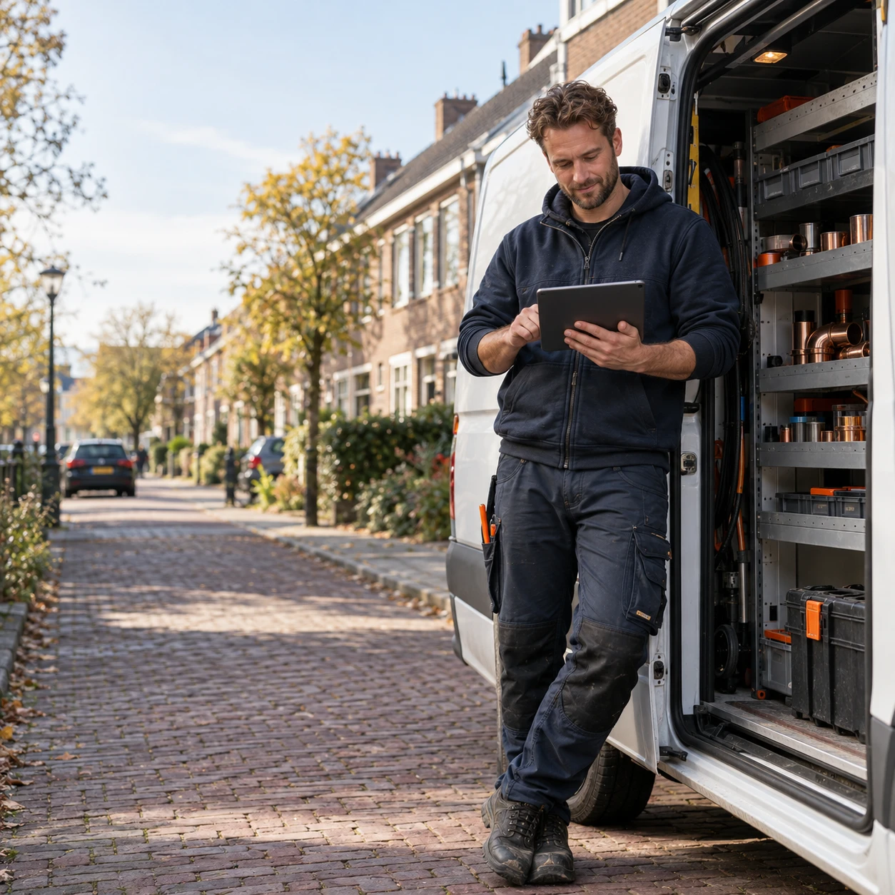 Zzp-monteur bij zijn bus met tablet